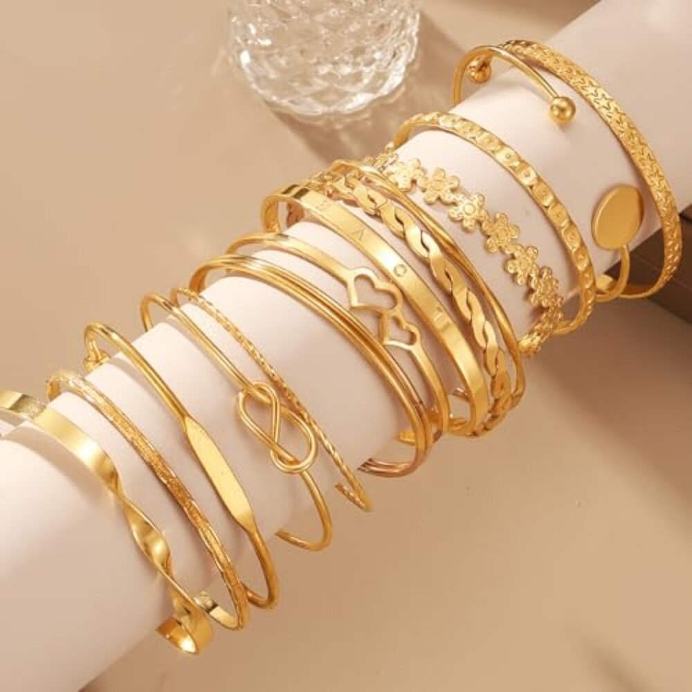 Gold Bangle Bracelet For Women, 14k Multilayer Charm Textured